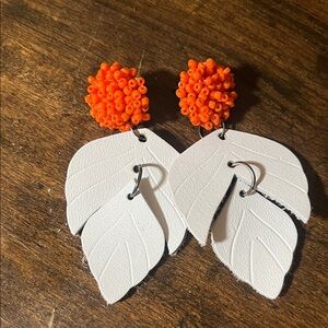 Orange Beaded and White Handmade Hand Cut Leather Leaf Earrings GBO!